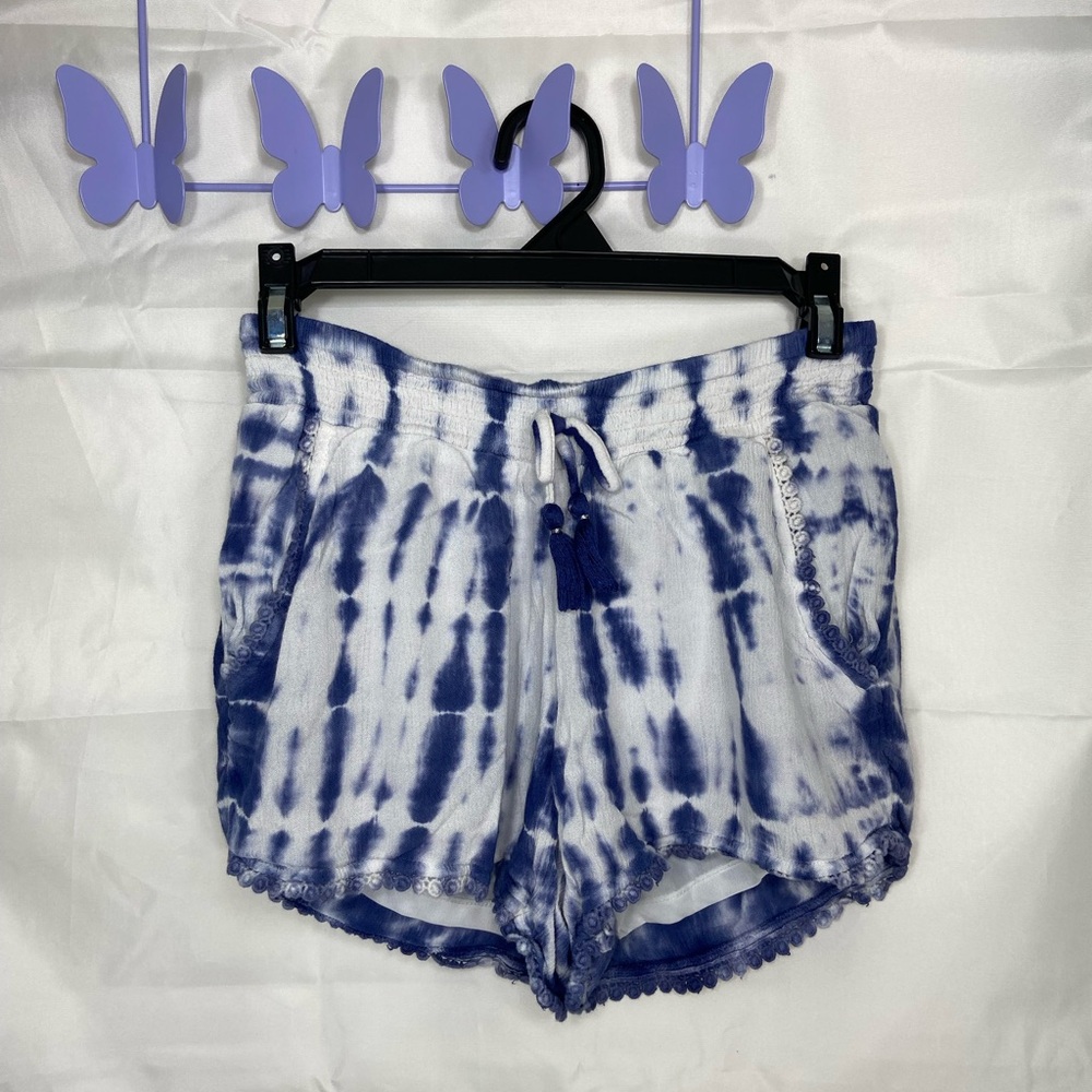 EUC Justice girl’s blue white tie dyed embroidered hem pocket comfy shorts 12